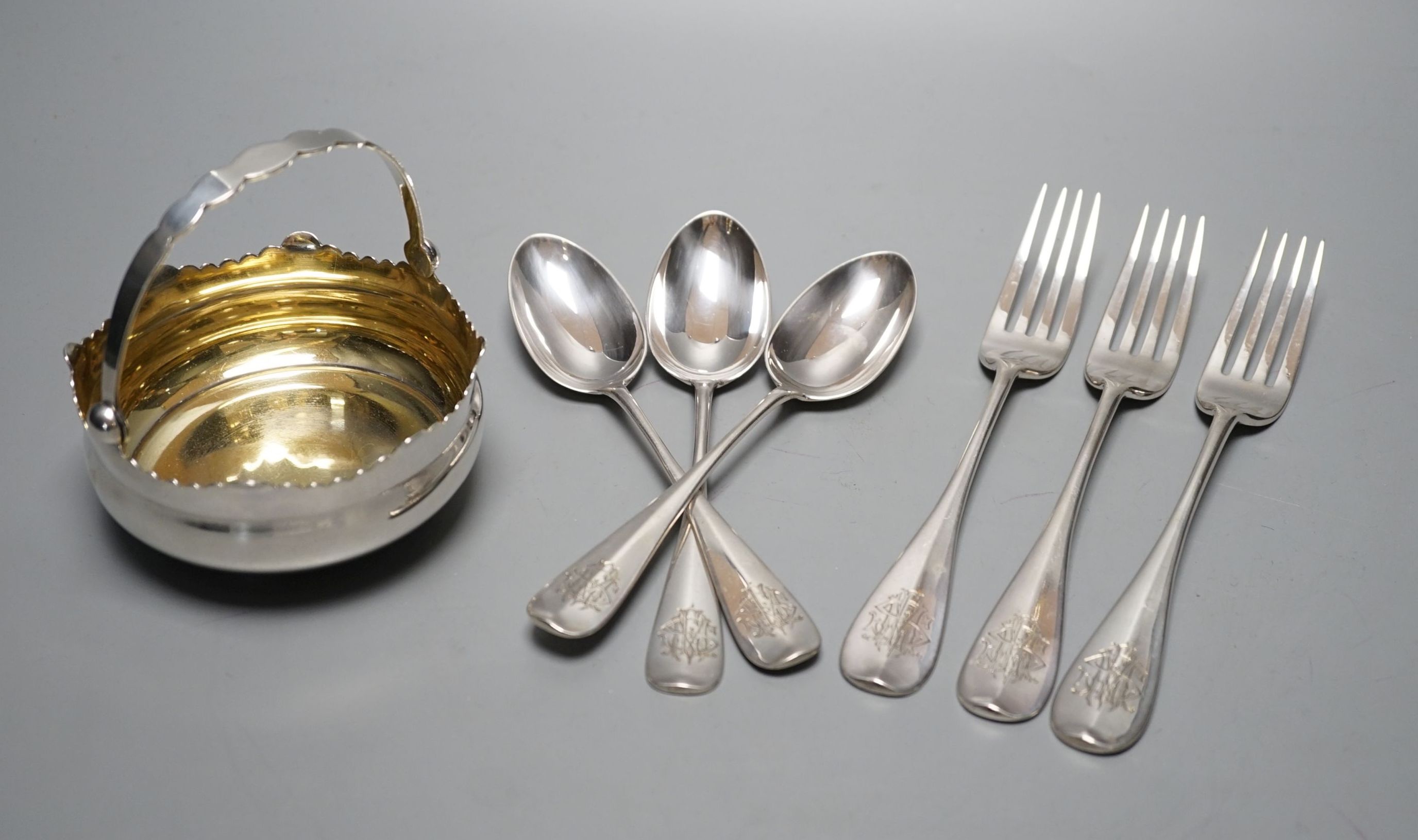 An early 20th century Russian .875 standard white metal bonbon basket, Odessa, 1908-1926, diameter 10.2cm, together with three late 19th century Russian 84 zolotnik table forks and three dessert spoons, master Klebnikov,